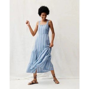Madewell Blue Embroidered Button Back Tiered Midi Sundress
